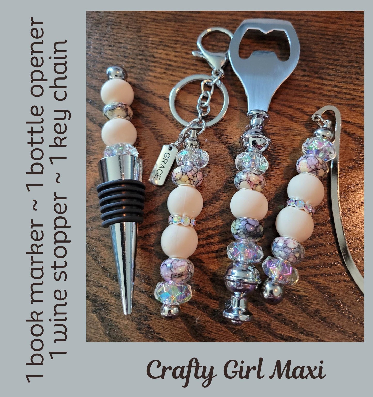 Cream and Gray Weekend Wine accessory gift wine stopper bottle opener book marker keychain wine gift set, barware accessories