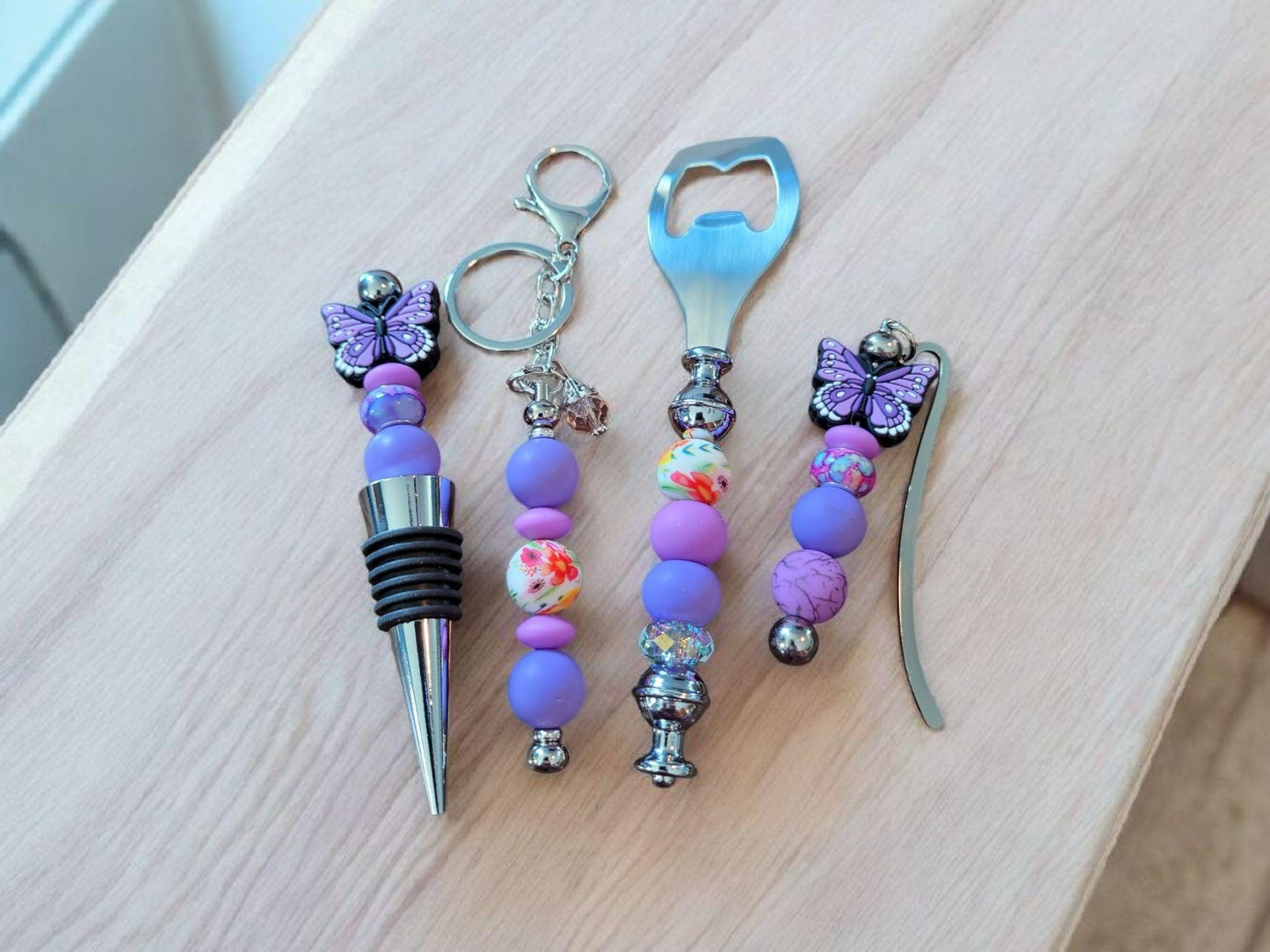 Weekend gift set in purple butterfly Wine accessory gift wine stopper bottle opener book marker keychain wine gift set, barware accessories