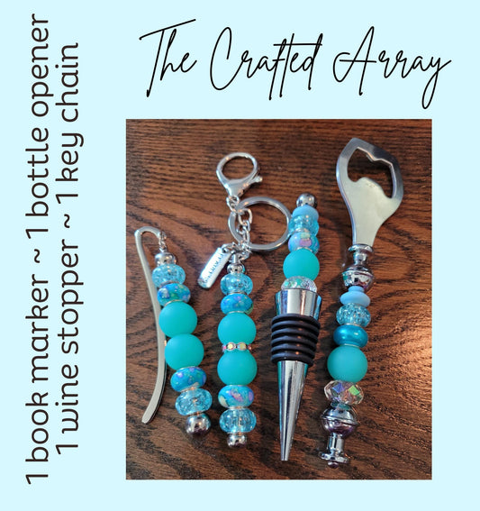 Blue Beaded Barware Gift Set: Wine Stopper, Opener & Bookmark