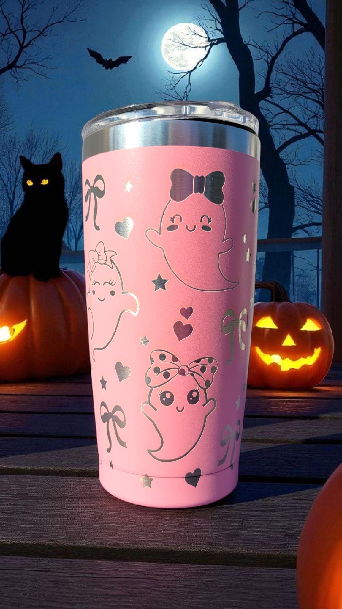 Pink Ghost Tumbler 20oz, Laser Engraved, Cute Ghost tumbler, Kids Halloween Gift, Pink 20oz tumbler, Spooky Cup, Cute Ghost Design,