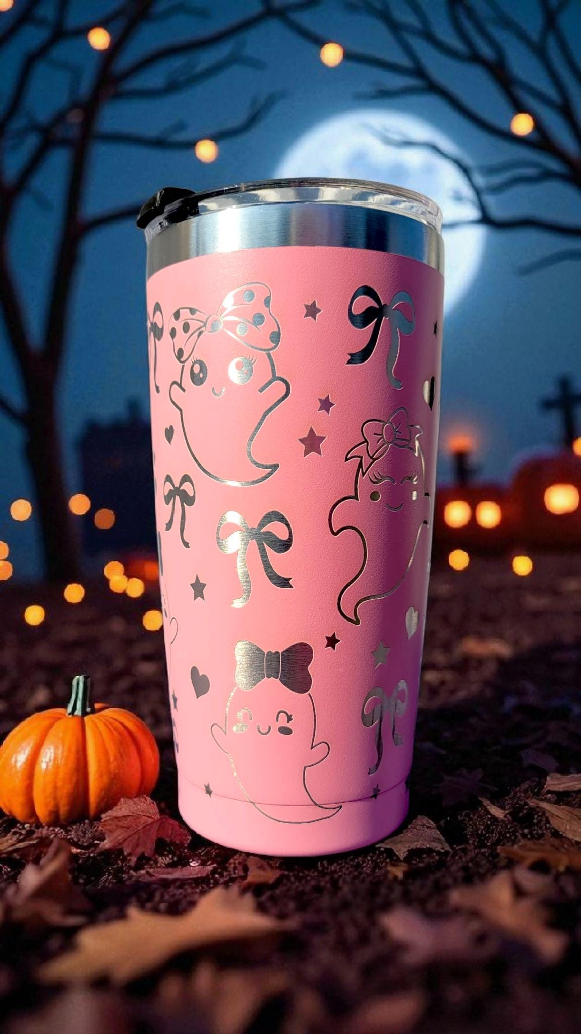Pink Ghost Tumbler 20oz, Laser Engraved, Cute Ghost tumbler, Kids Halloween Gift, Pink 20oz tumbler, Spooky Cup, Cute Ghost Design,